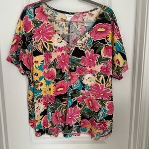 Floral V-Neck Short Sleeve Top - Pink Multi